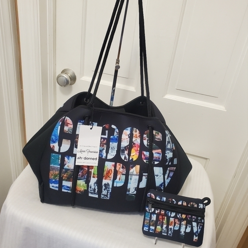 Ah•dorned Neoprene "Choose Happy" Large Tote with detachable small Pouchette